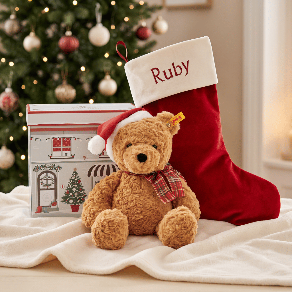 Thumbnail: Steiff Christmas bear & red stocking set Image 1