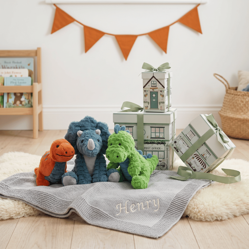 Thumbnail: Steiff dinosaur with knitted blanket Image 1